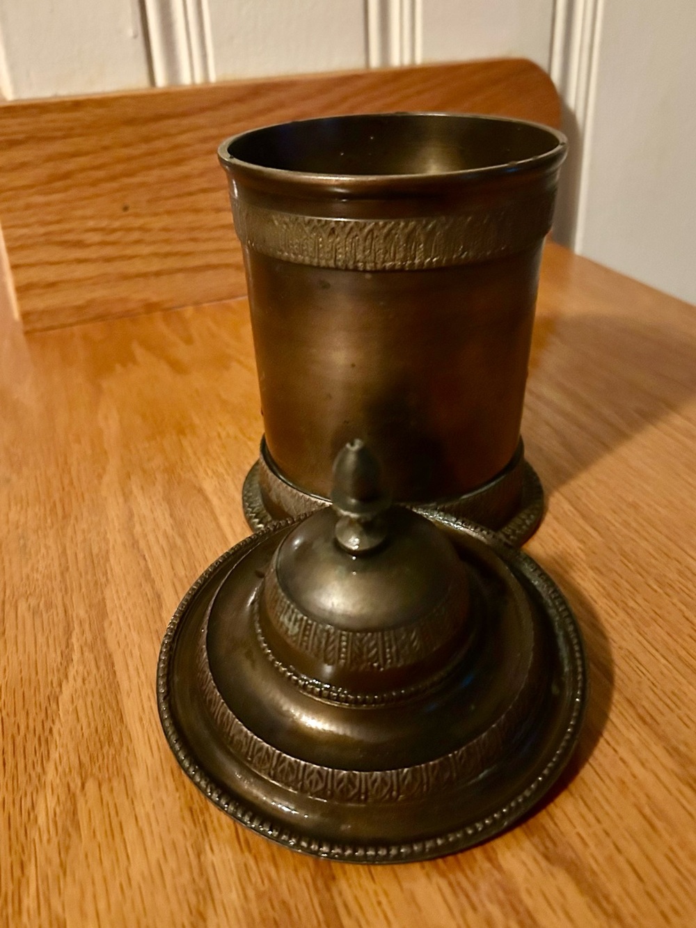 Antique Style Brass Tone Metal Lidded Jar with Leaf edge design - Picture 2 of 3